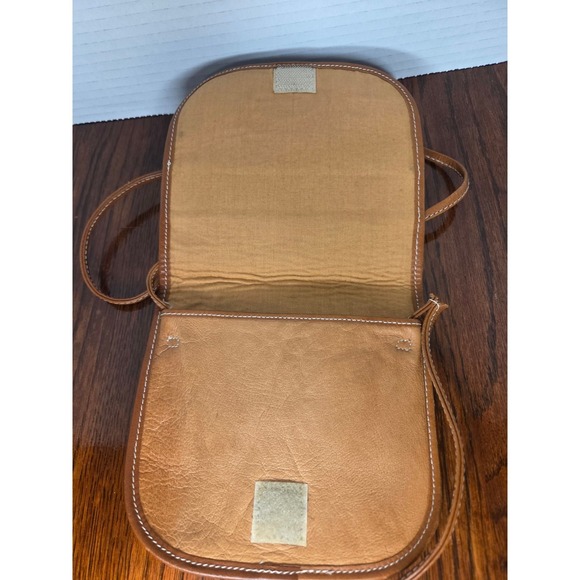 Vintage Tan Leather Crossbody Bag Woven Textile Accent Boho Small Saddle Purse - Picture 3 of 7